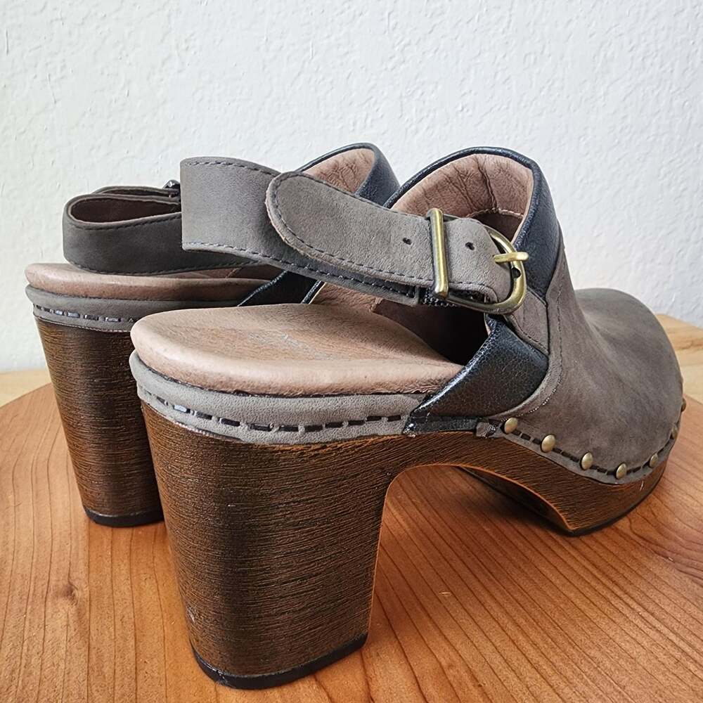 Dansko Shoes Womens Size 9.5 EU 40 Gray Leather Slingback Studded Platform Heel - Picture 2 of 13